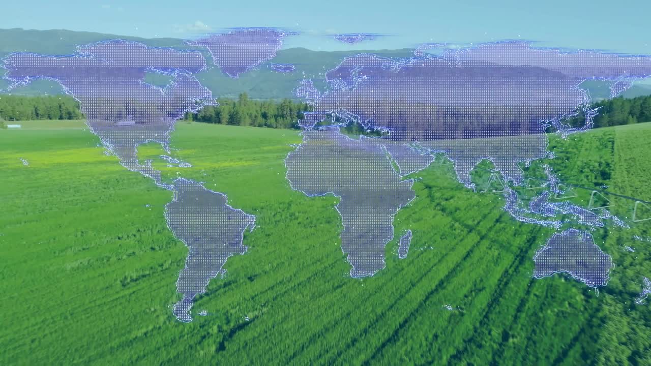 Camera starting forward sweep, purple world map overlay shifting and fading, revealing green fields