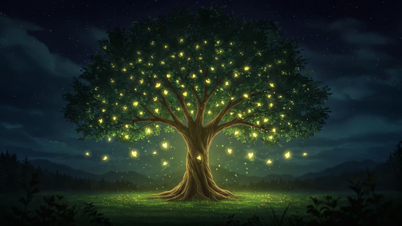 Enchanted Tree Radiating Warm Light Under a Starry Night Sky, Creating a Magical Ambience Surrounded by Nature's Beauty and Serenity