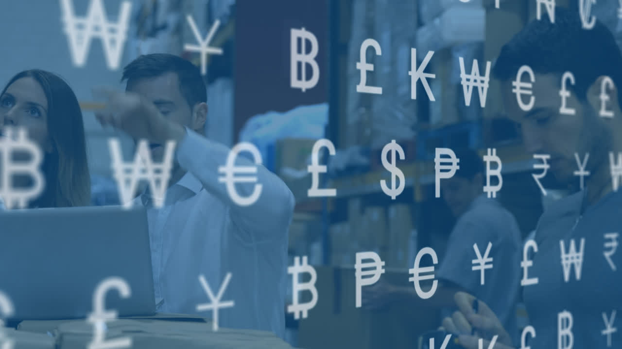 Animation of currency sings over diverse warehouse workers