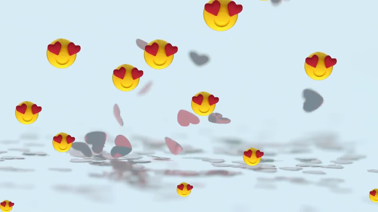 Multiple heart eyes face emojis floating over multiple hearts falling against white background