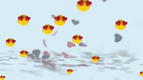 Múltiples-Ojos-De-Corazón-Enfrentan-Emojis-Flotando-Sobre-Múltiples-Corazones-Cayendo-Sobre-Fondo-Blanco