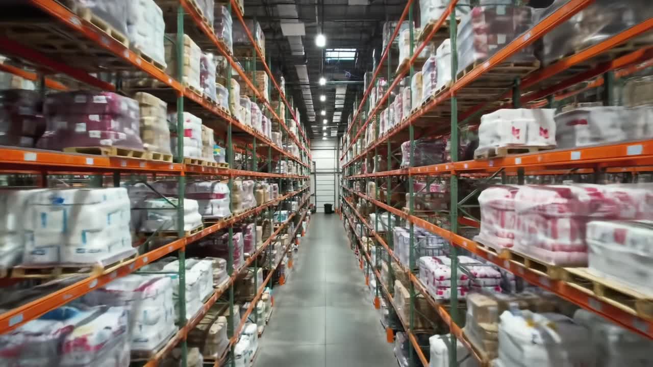 A Comprehensive View Inside a Large Warehouse Featuring Shelves Filled with Various Goods, Highlighting Organization and Storage Efficiency