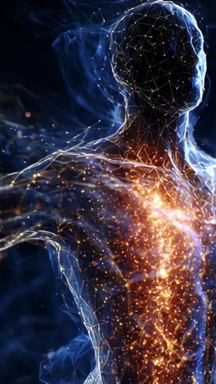 Digital Representation of a Human Figure Illuminated with Energetic Patterns, Highlighting the Connection Between Mind, Body, and Spiritual Essence Unveiled in Motion