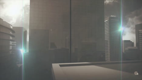 digital animation of cityscape with skyscrapers under sunlight
