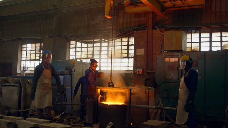 Group of workers pouring molten metal in mold at workshop 4k