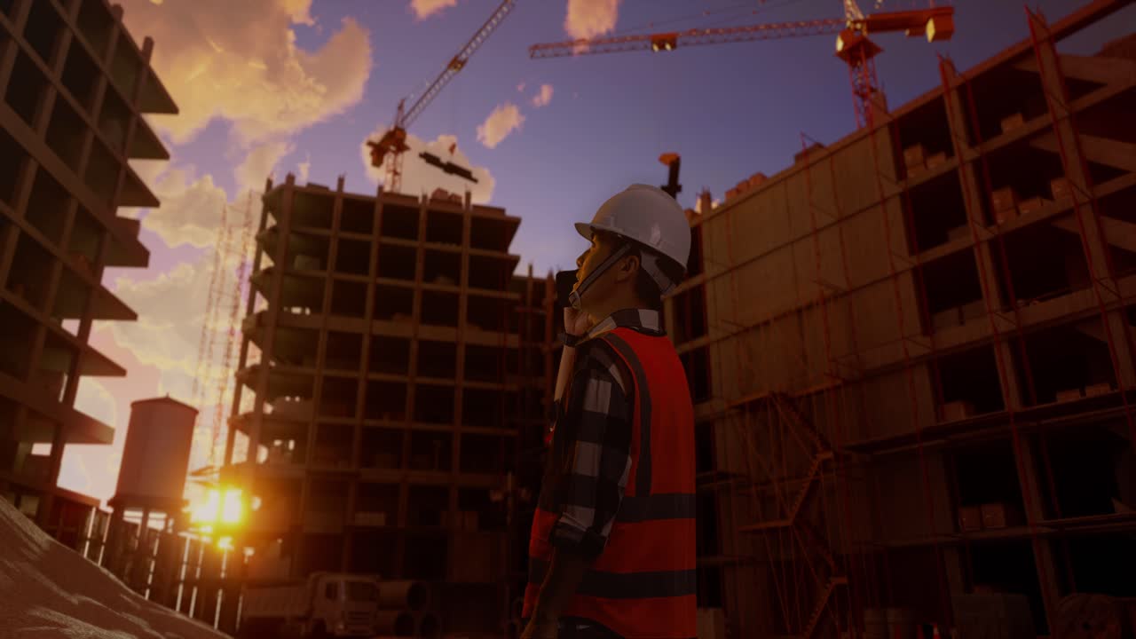 Back View Of Asian Male Engineer With Safety Helmet Talking On Smartphone While Standing At Construction Site, During Sunset Or Sunrise Time