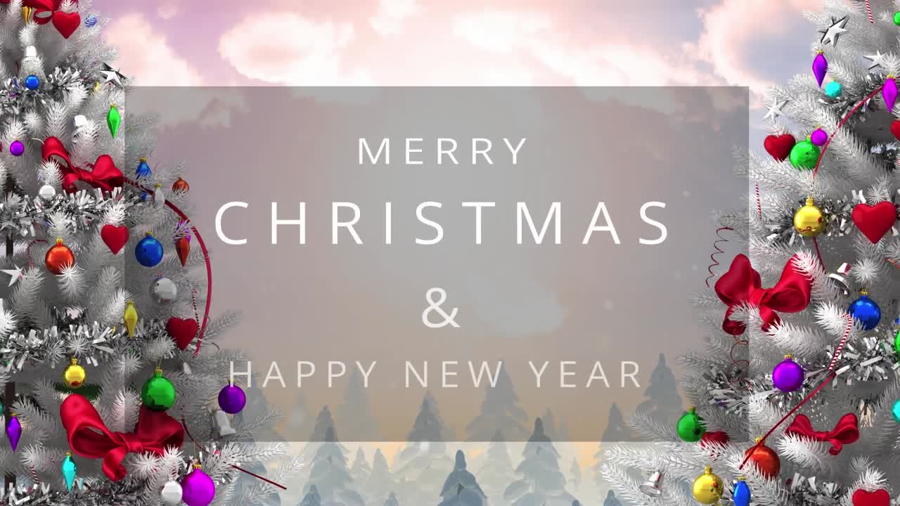 크리스마스 축하와 새해 축하 텍스트 배너의 애니메이션 두 개의 장식 된 크리스마스 트리