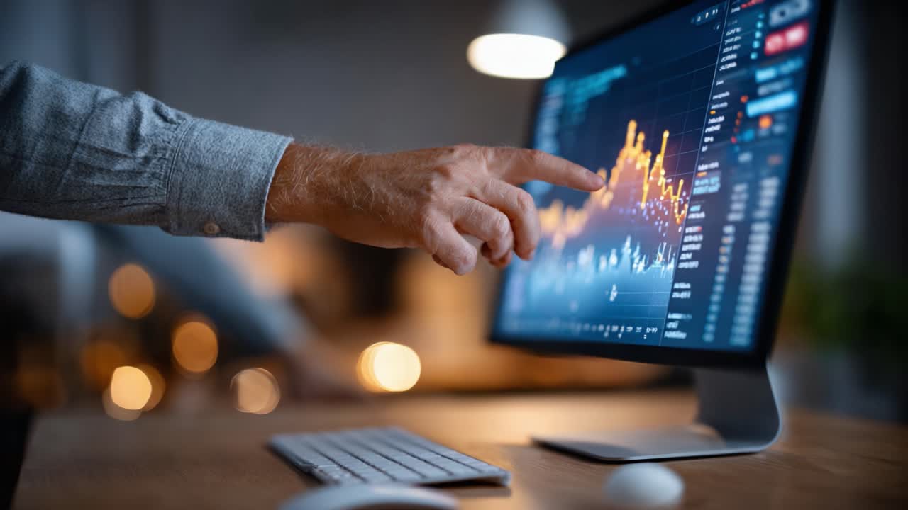 Analyzing Financial Data Trends: A Close Look at Stock Market Graphs with Hand Interaction on a Computer Screen in an Office Setting