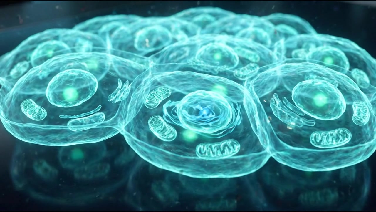 Group of microscopic biological cell organisms under light render