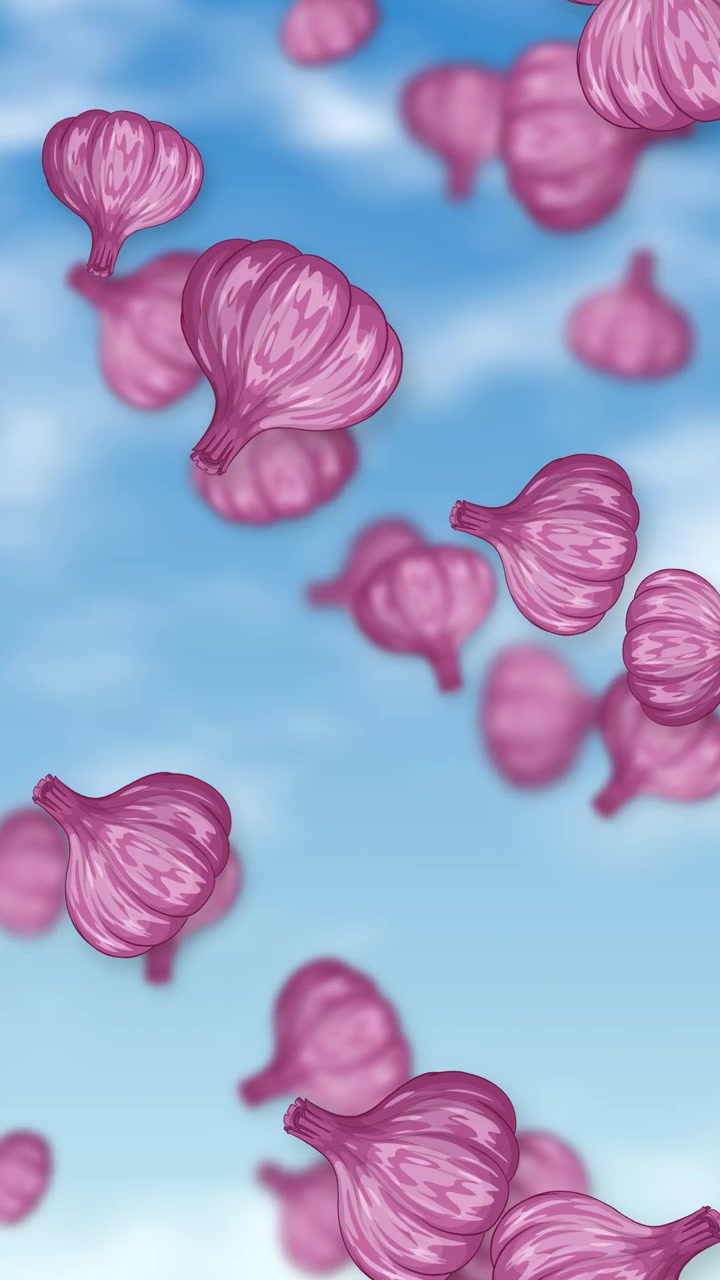 Stylized purple garlic bulbs fall continuously through a bright blue sky with soft white clouds.