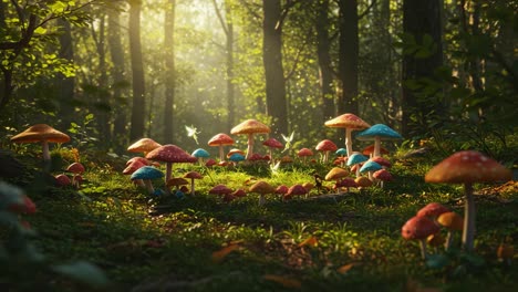 a captivating scene of colorful mushrooms embraced by sunlight in a lush forest, illuminating the beauty of nature with an enchanting atmosphere