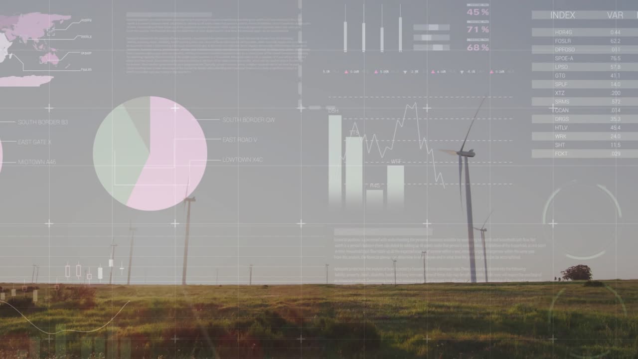 First frames starting HUD overlays fading in over right turbine, charts appearing to show output