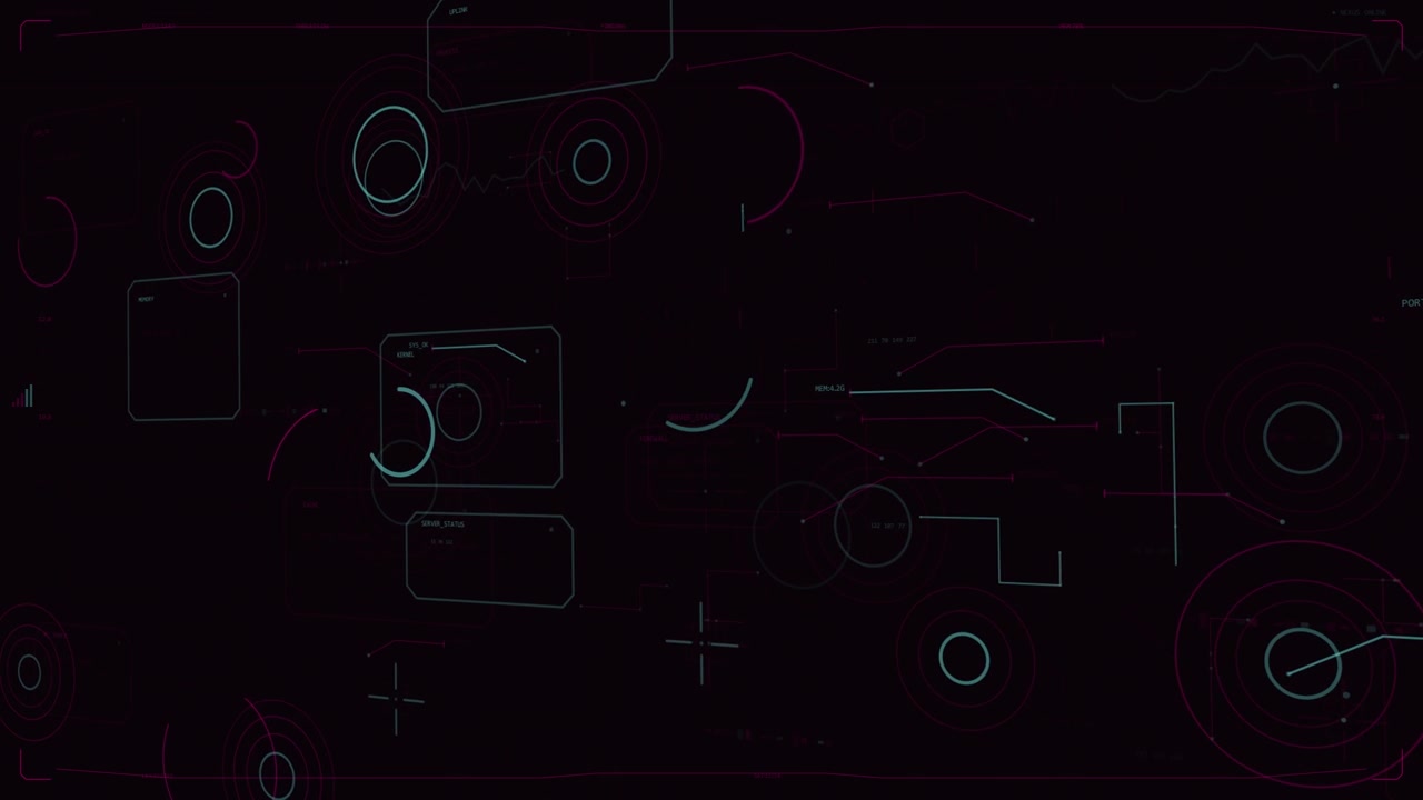 Al caricamento, HUD al neon che disegna archi, nodi in movimento e arco rotante su tela trasparente che mostra lo stato.