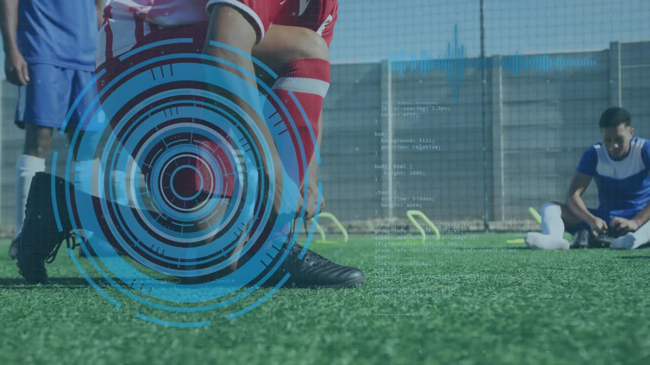 데이터 처리 및 남성 축구 선수가 신발 ⁇ 을  ⁇ 는 중간 섹션에 대한 둥근 스캐너