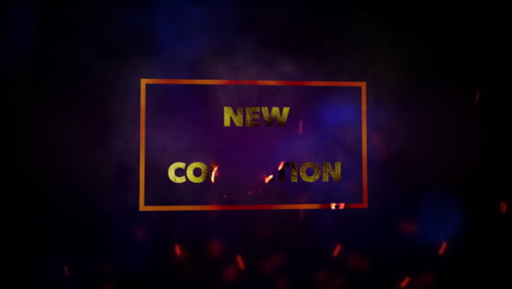 animation of white text new collection, in gold frame, with red sparks on black background