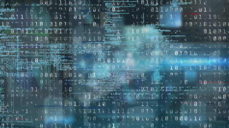 Animation of binary coding over multiple screens with data processing against blue background