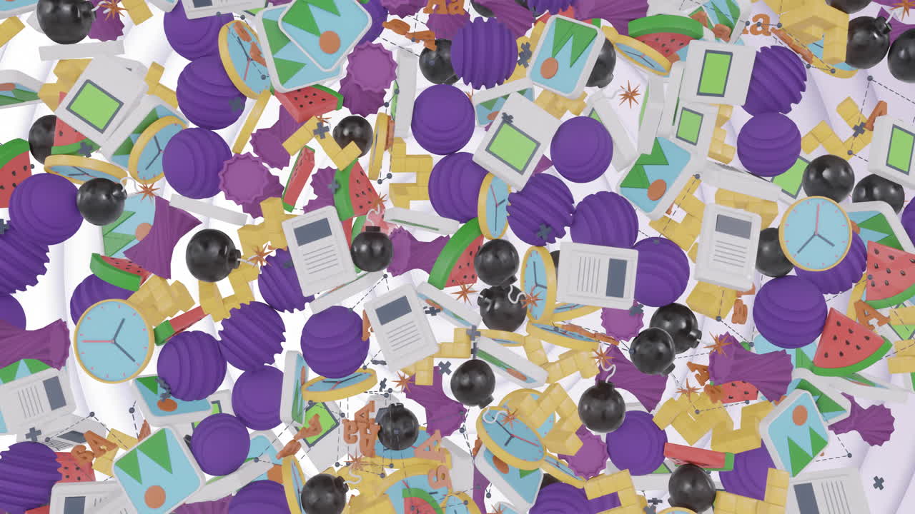 animación de varios iconos de medios 3d que caen y se recogen sobre anillos concéntricos blancos