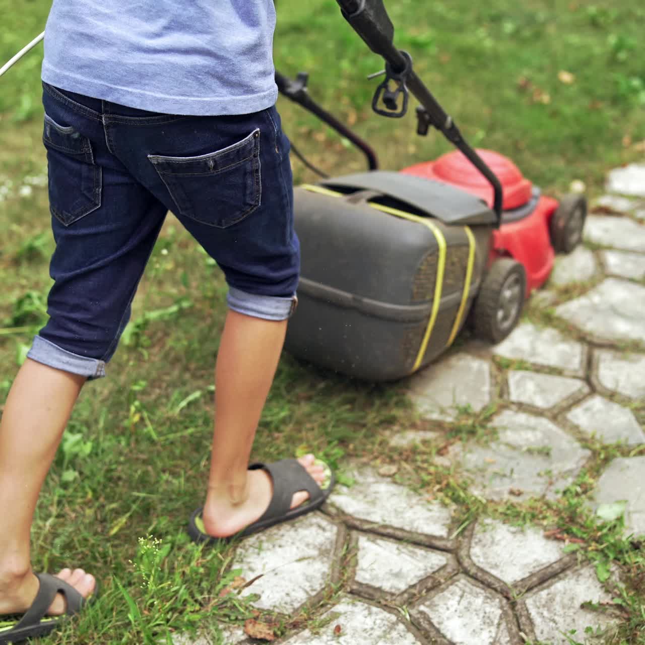 A lawn mower is cutting green grass. Young boy with a lawn mower is working in the backyard