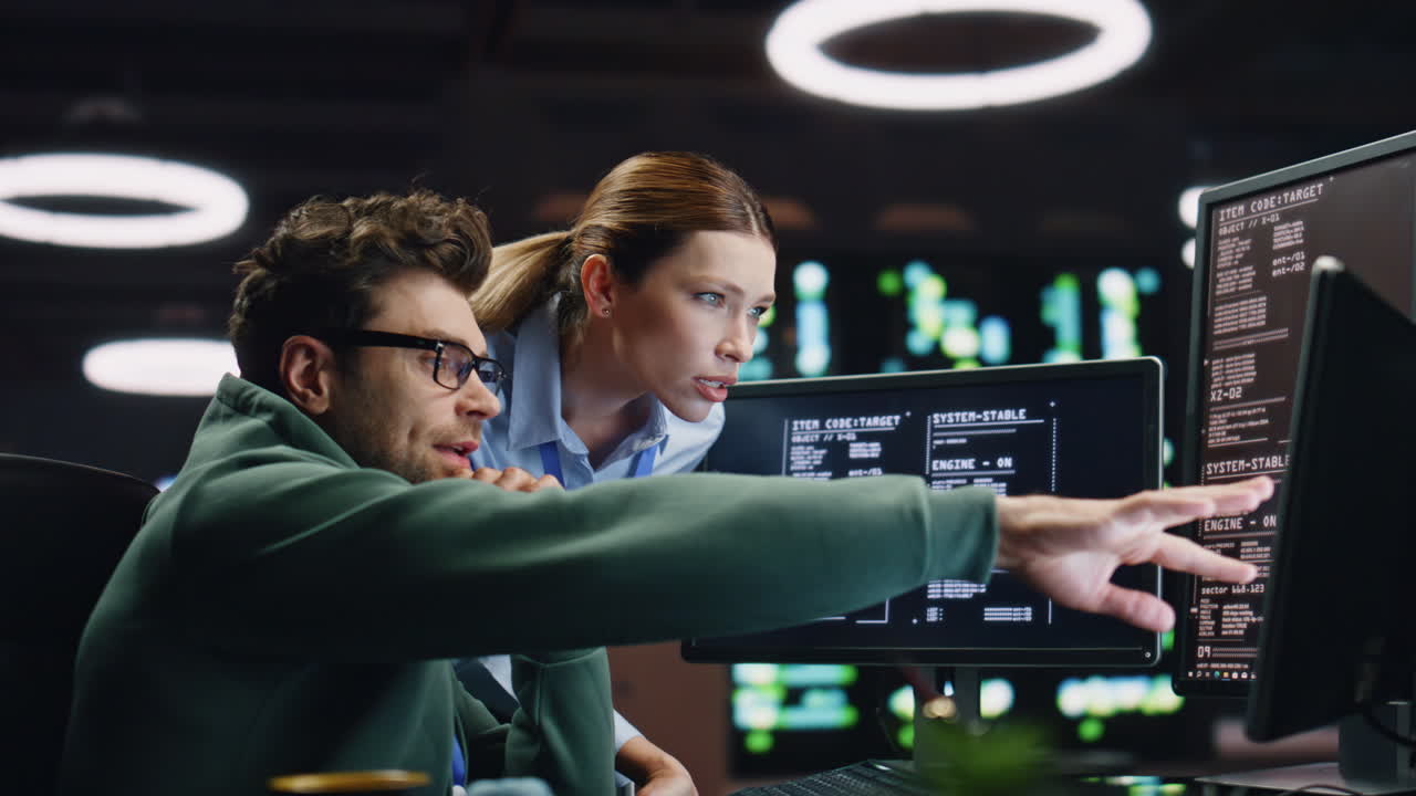 una pareja de programadores trabajando juntos en un primer plano en una habitación oscura.