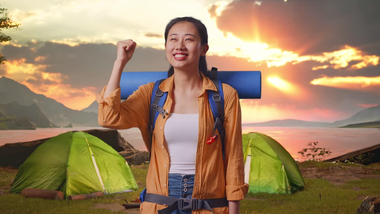 Happy Woman on a Camping Trip at Sunset