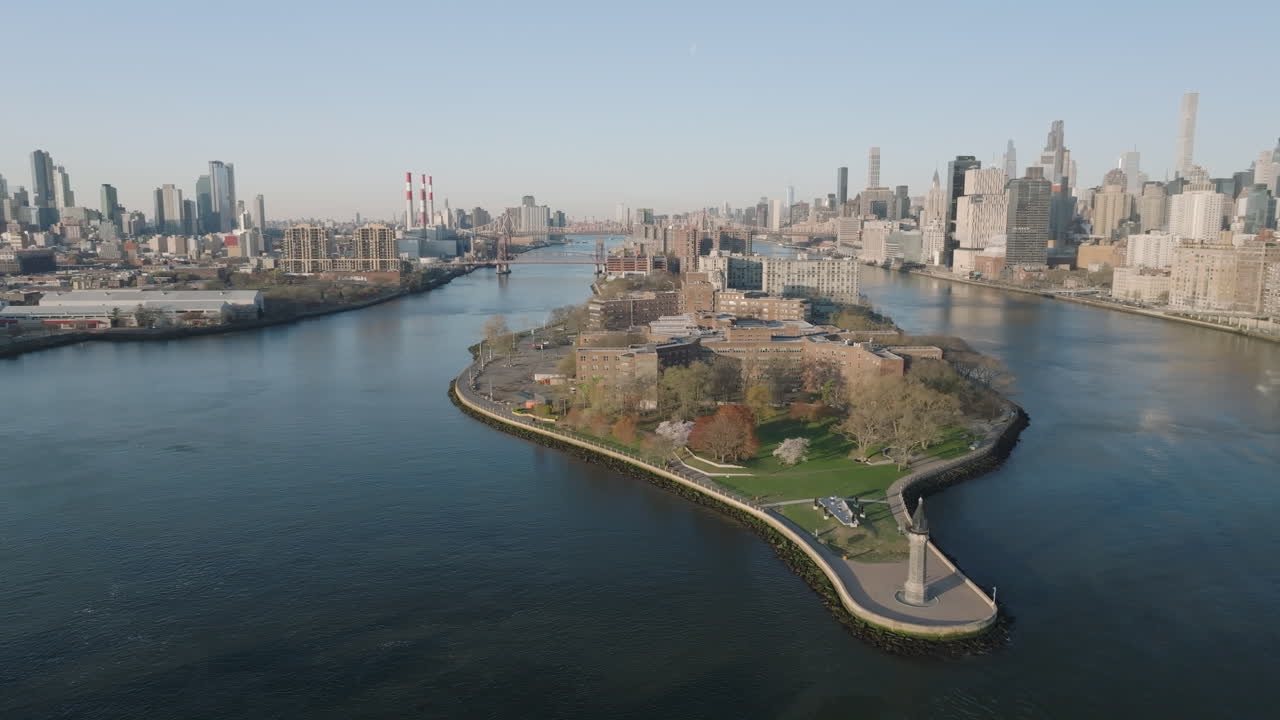 Aerial view of New York City's Roosevelt Island. Shot above the East River.