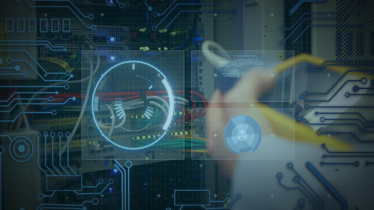 Animation of processing circle over data and hands of caucasian man checking computer wires