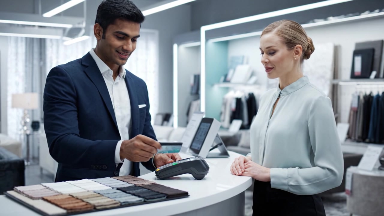 En velklædt mand præsenterer sit betalingskort for en kvinde i en moderne butik, hvilket fremviser en engagerende shoppingoplevelse i et stilfuldt detailhandelsmiljø.