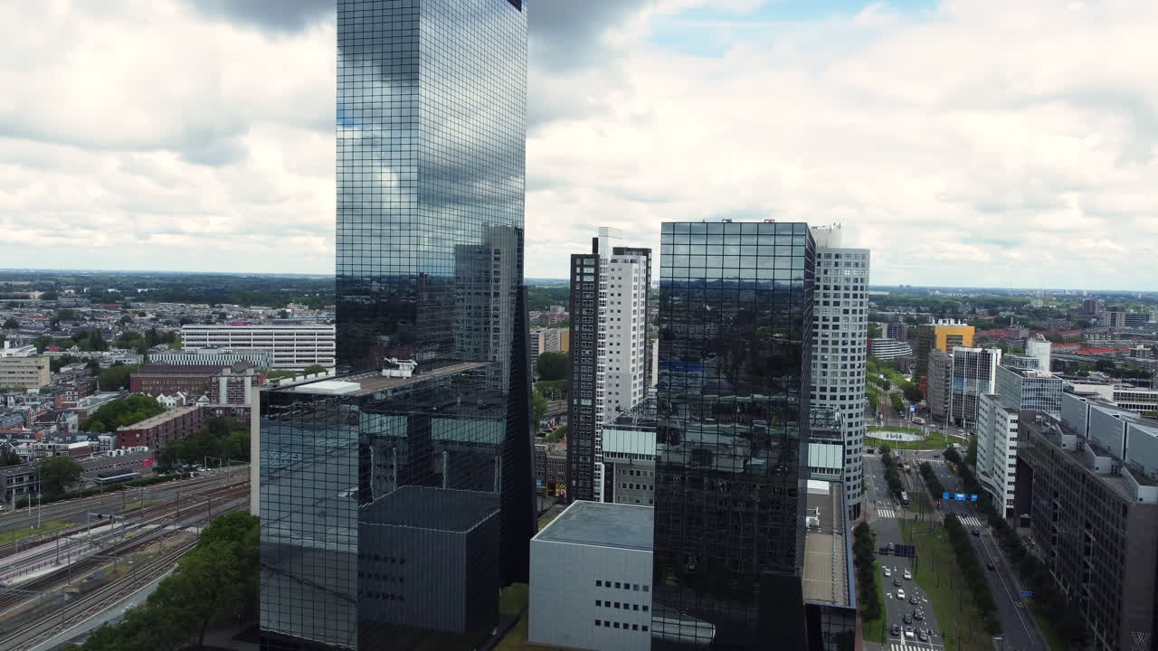 Aerial view of Utrecht city center, showcasing modern architecture and high-rise buildings.