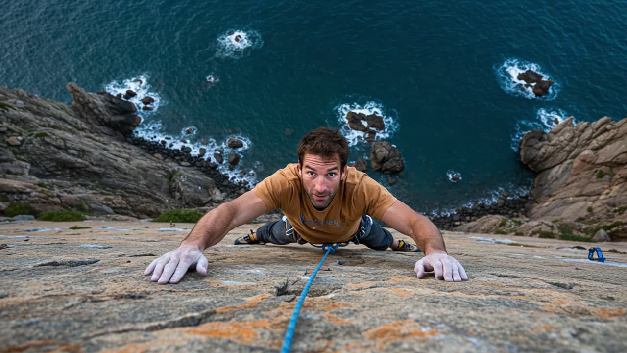 A Daring Ascent: Harnessing Strength and Focus on a Vertical Rock Face by the Ocean's Edge, Showcasing the Thrill of Outdoor Climbing and Adventure Sports
