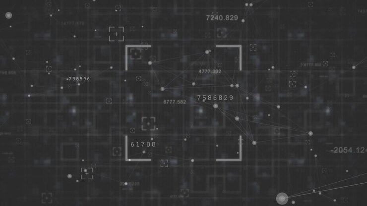 Animation of network of connections, marker and data processing on black background