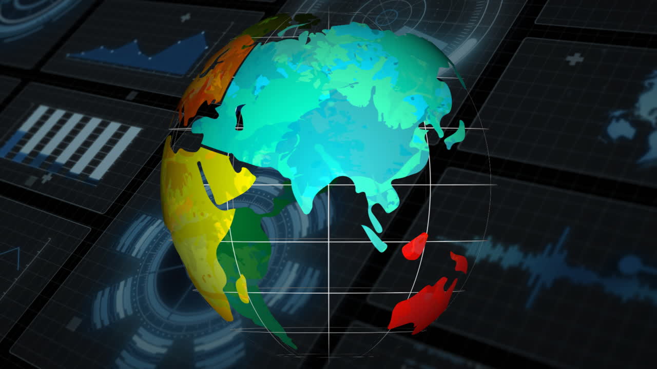 Rotating colorful globe animation over digital grid and futuristic interface