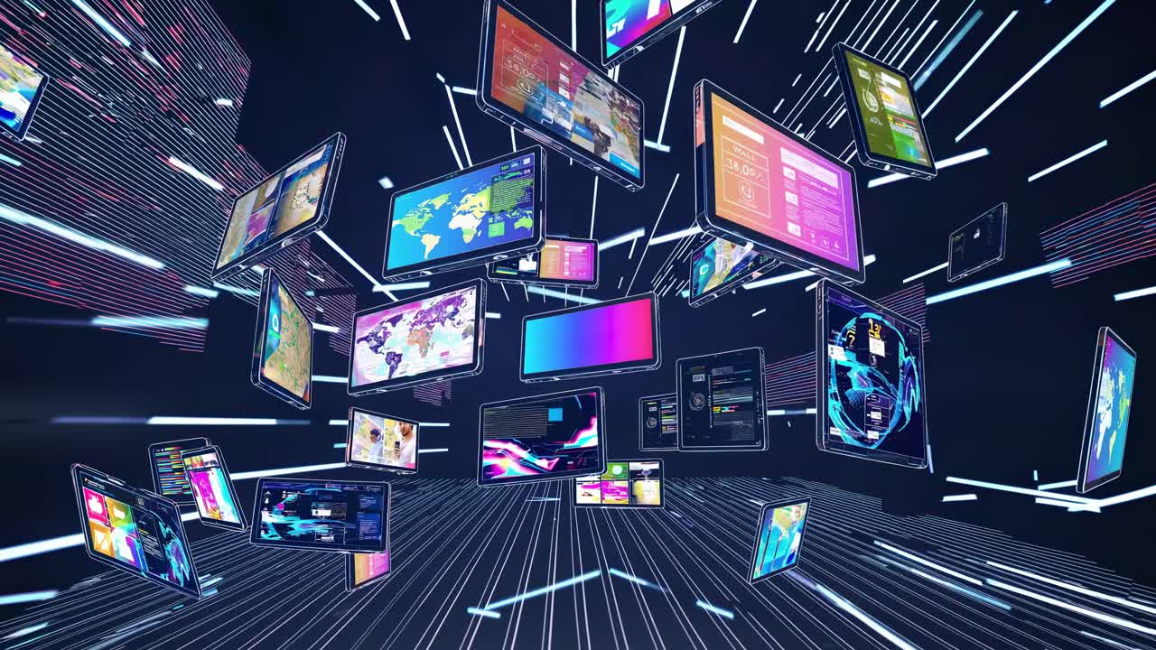 Dynamic video concept with a futuristic style, showcasing floating digital screens