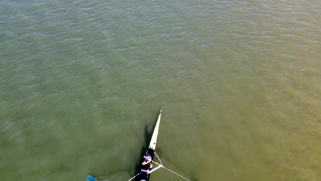 aerial - overhead drone shot of rowers training on river