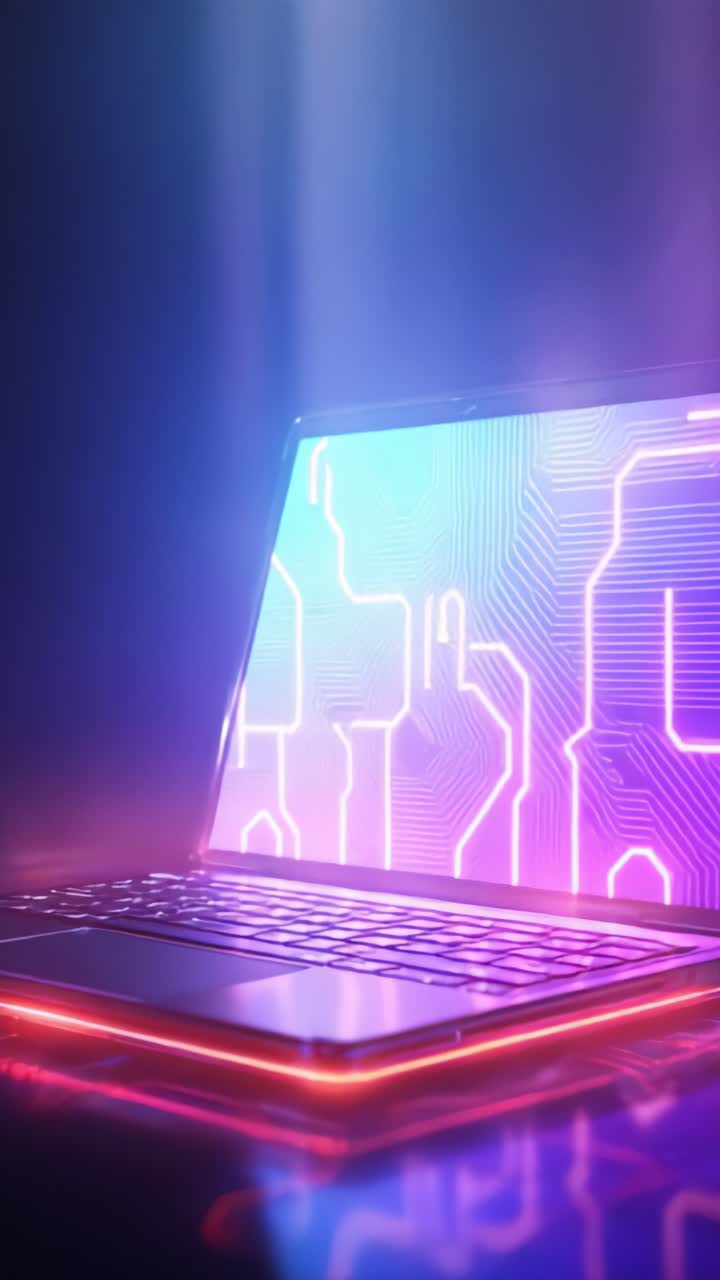 Futuristic laptop glowing in vibrant colors with a digital circuit design, showcasing a sleek and modern aesthetic that represents advanced technology and innovation