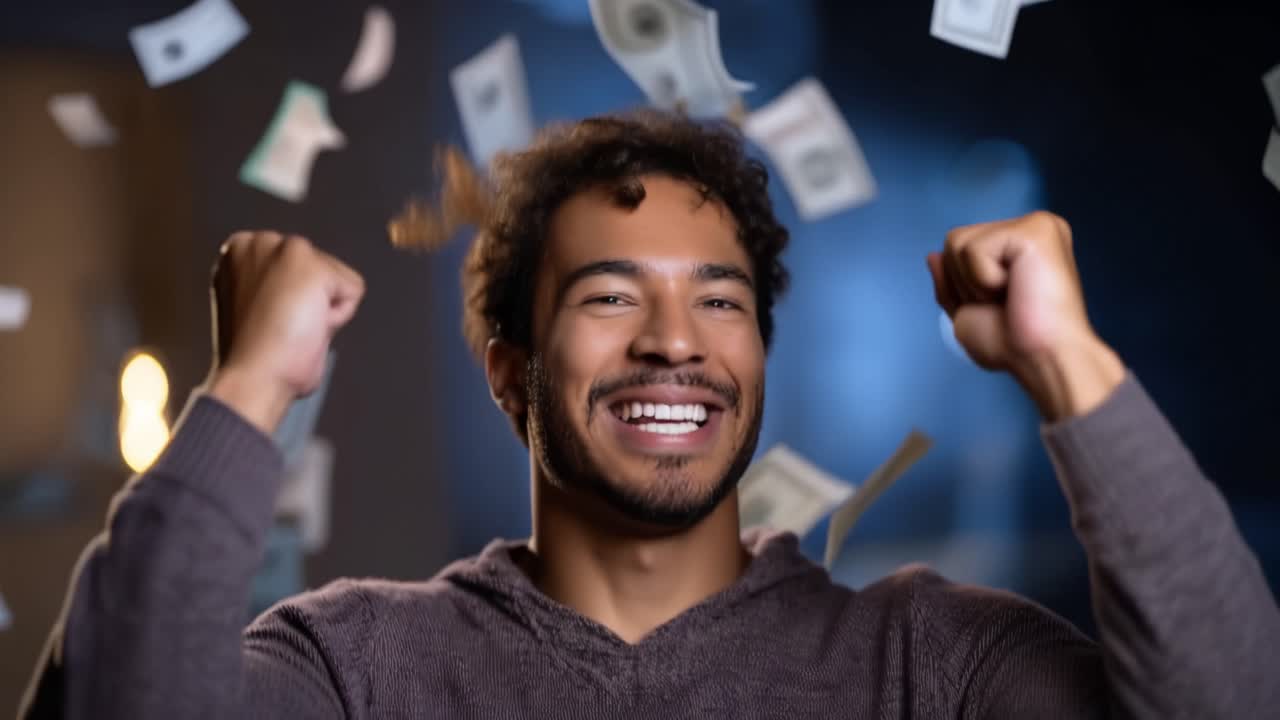 Homem sorri amplamente, com os punhos cerrados de entusiasmo. Notas de dólar caem ao seu redor, suspensas em movimento. Luzes de fundo brilham suavemente, desfocadas e em tons frios. Sua alegria irradia, com olhos arregalados e boca aberta.