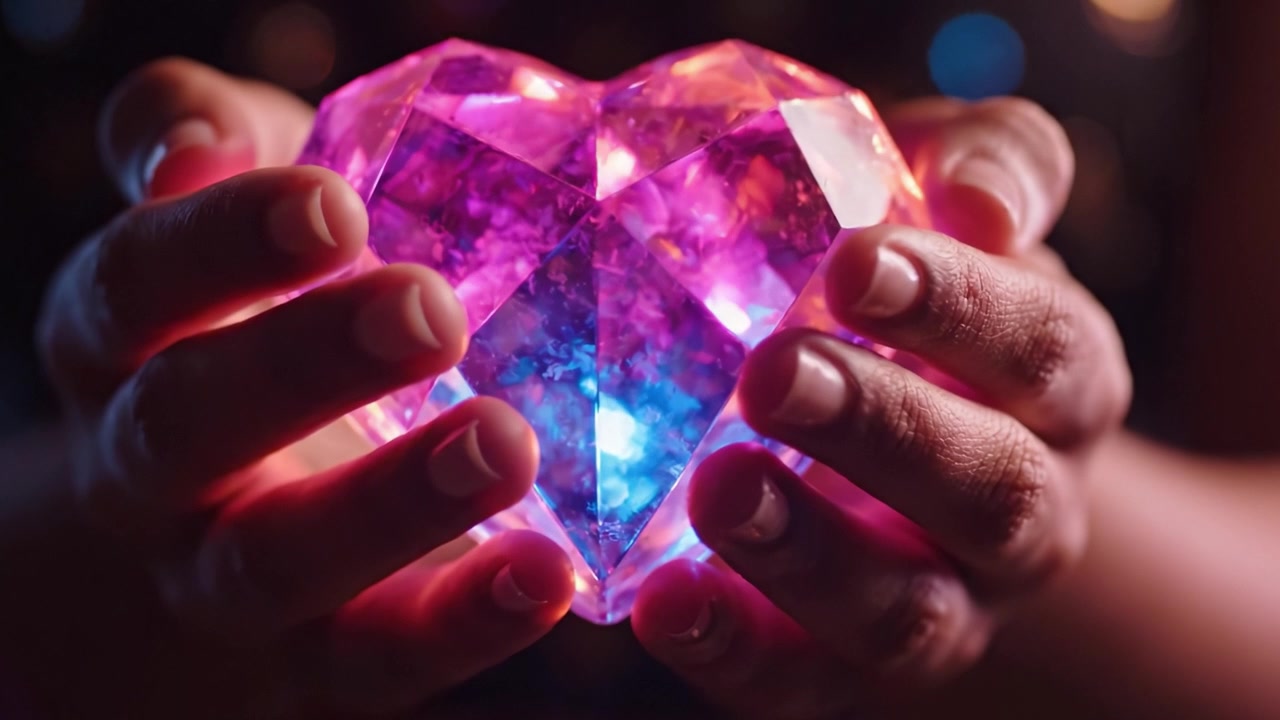 Um Coração Brilhante: Visuais Cativantes de um Coração de Pedra Preciosa Multicolorido Segurado em Mãos Gentis, Irradiando Luz Colorida e Beleza em um Cenário Mágico