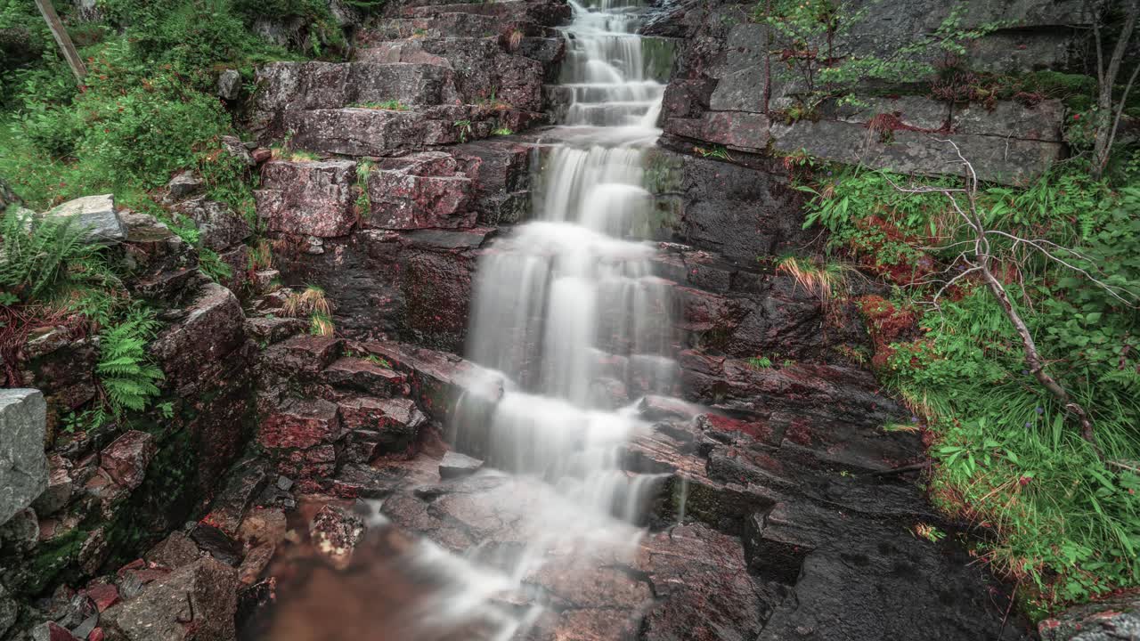 un video timelapse de una pequeña cascada en cascada sobre las rocas oscuras en el bosque de verano