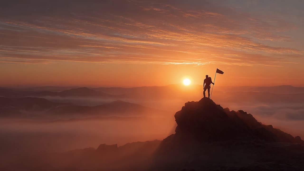 A triumphant figure stands atop a rugged peak, celebrating their achievement as the sun rises, casting a golden glow over a sea of misty mountains and valleys