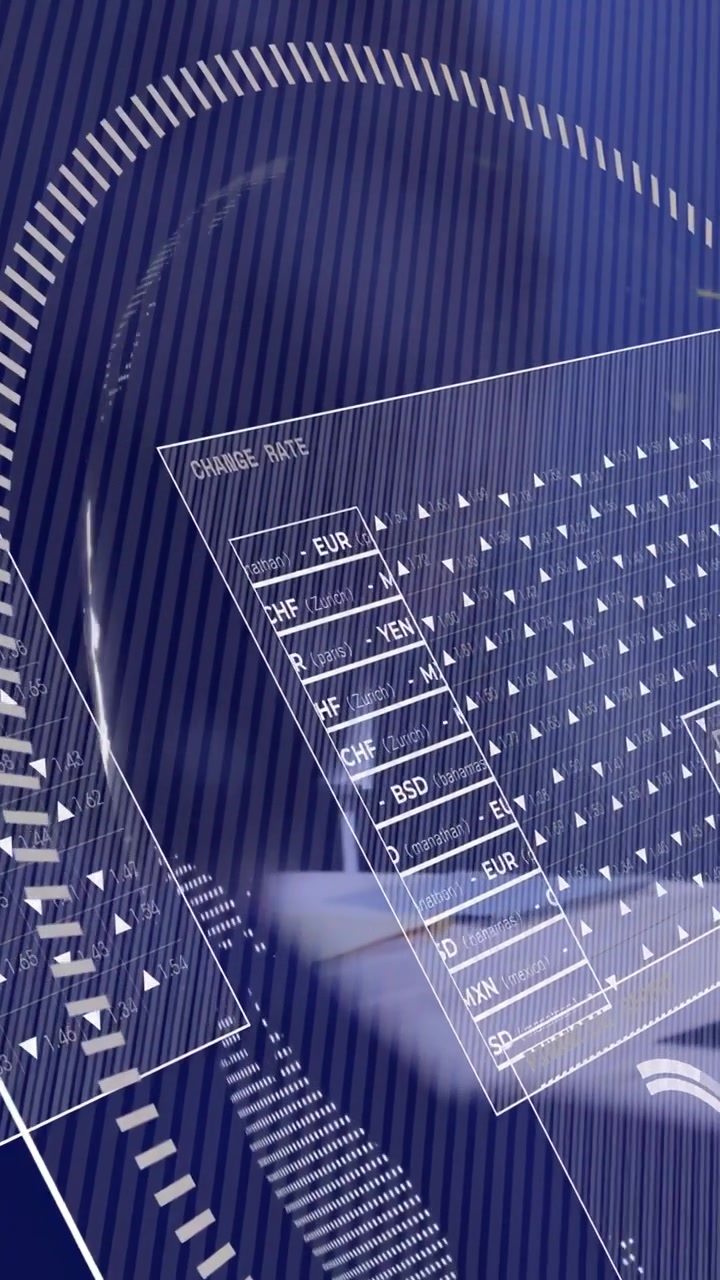 Vertical video: Woman tapping holograms on desk, activating finance dashboards and updating rates