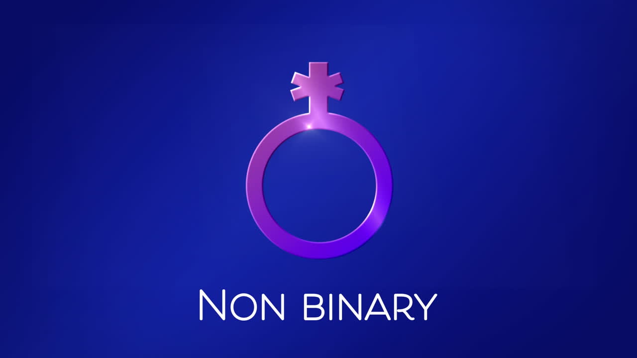 파란색 바탕에 보라색 비 바이너리 젠더 기호의 애니메이션