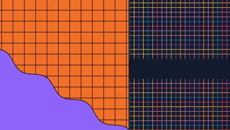 Animation-of-black-and-multi-coloured-grids-with-purple-shape-on-orange-and-black-backgrounds