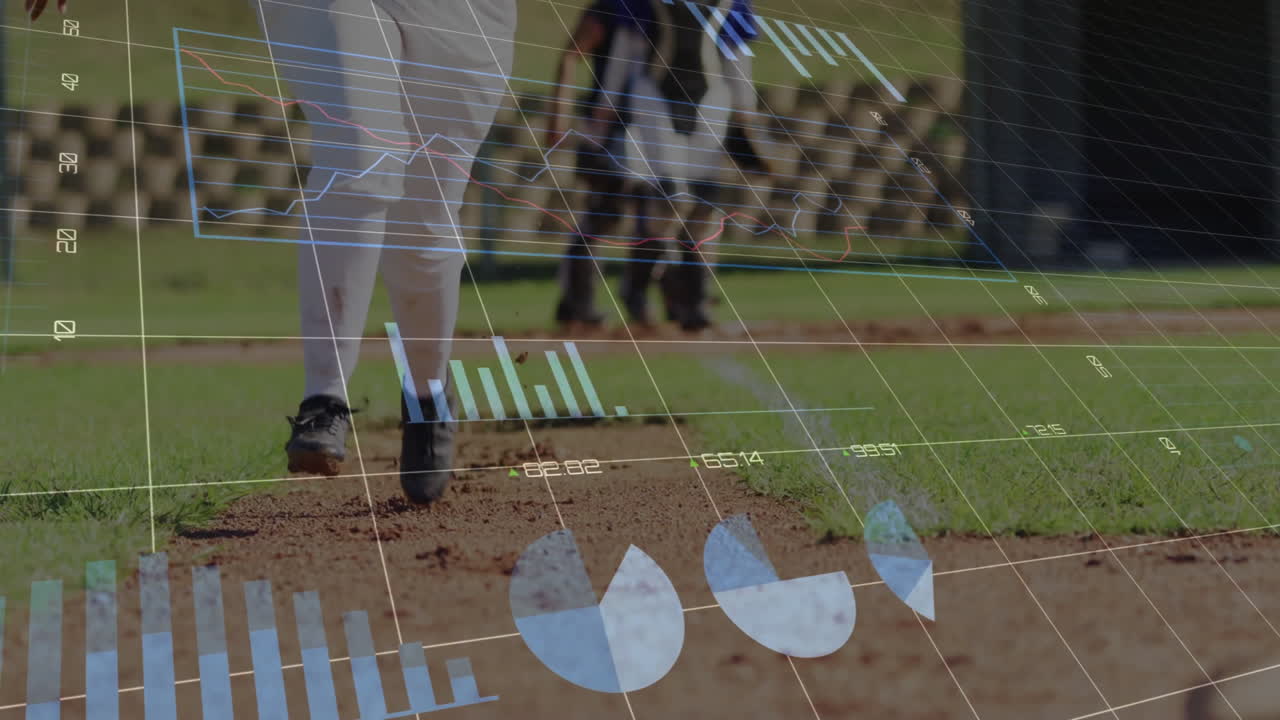 On field, baseball players practicing with animated data analytics overlay