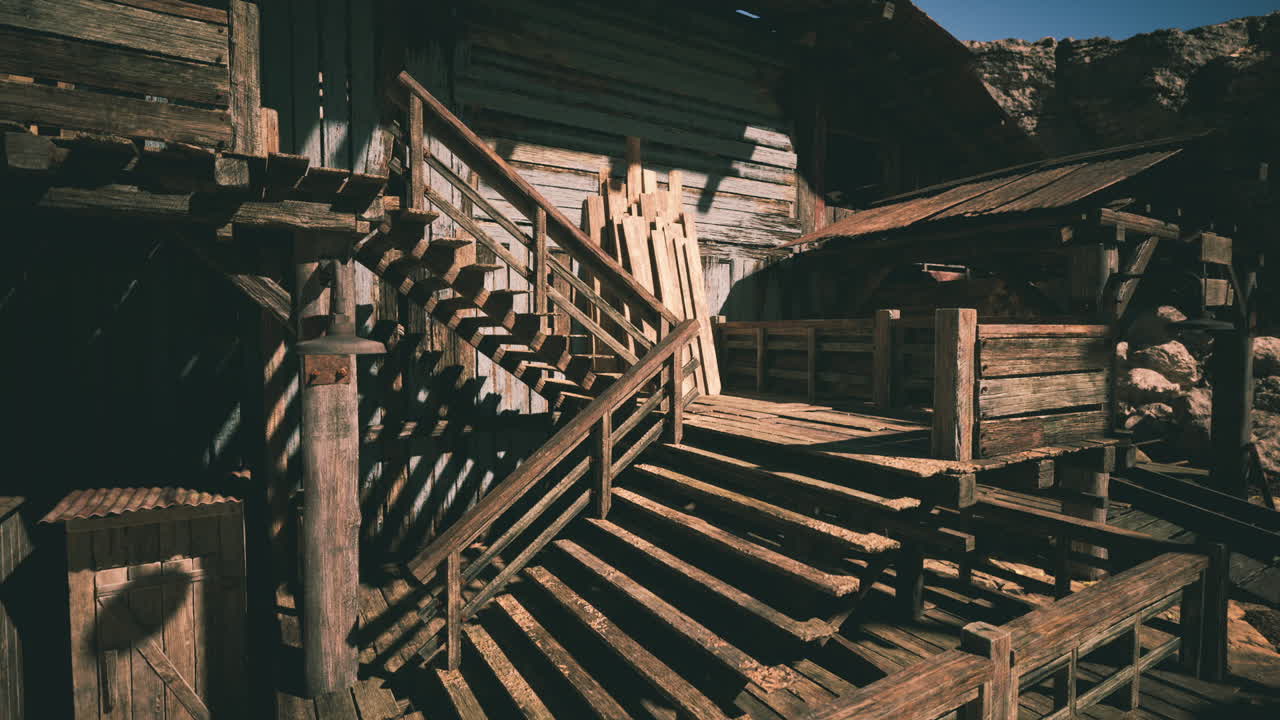 Scale di legno e architettura rustica in un vecchio sito minerario sotto la luce del sole.
