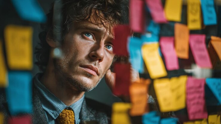 Una persona pensierosa contempla tra una colorata gamma di Post-it, catturando la complessità del pensiero e della creatività in un ambiente di lavoro dinamico