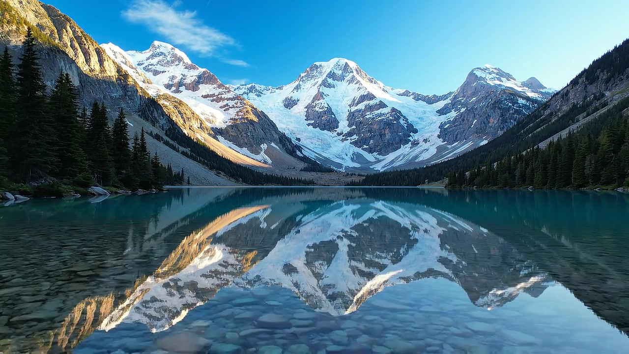Maestose cime montuose innevate riflesse in un lago cristallino
