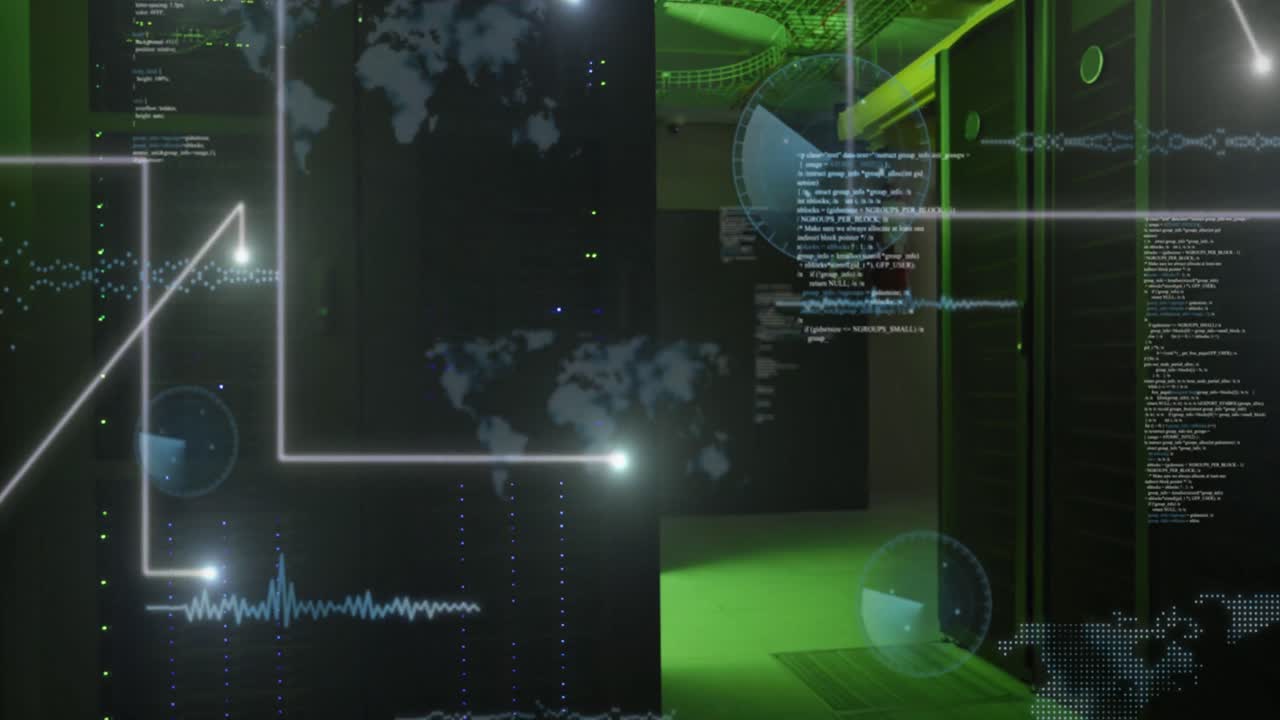animación del procesamiento de datos y luces con líneas sobre servidores