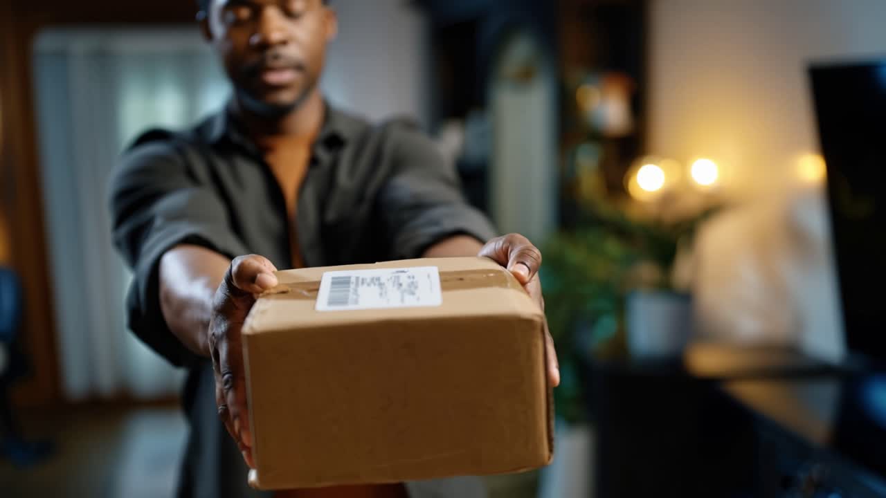 A person displaying a cardboard package in a home environment, showcasing the act of receiving and handling deliveries with an emphasis on convenience and personal interaction