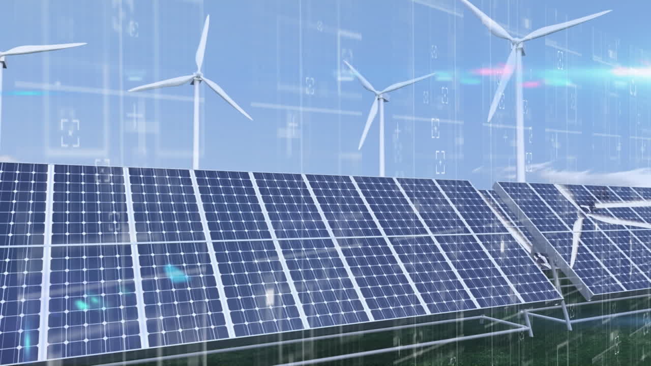 태양 전지 패널과 여러 풍차가 파란 하늘을 향해 회전하는 것에 대한 범위와 데이터 처리