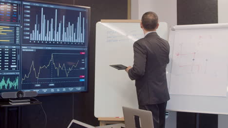 businessman writing on whiteboard in meeting room