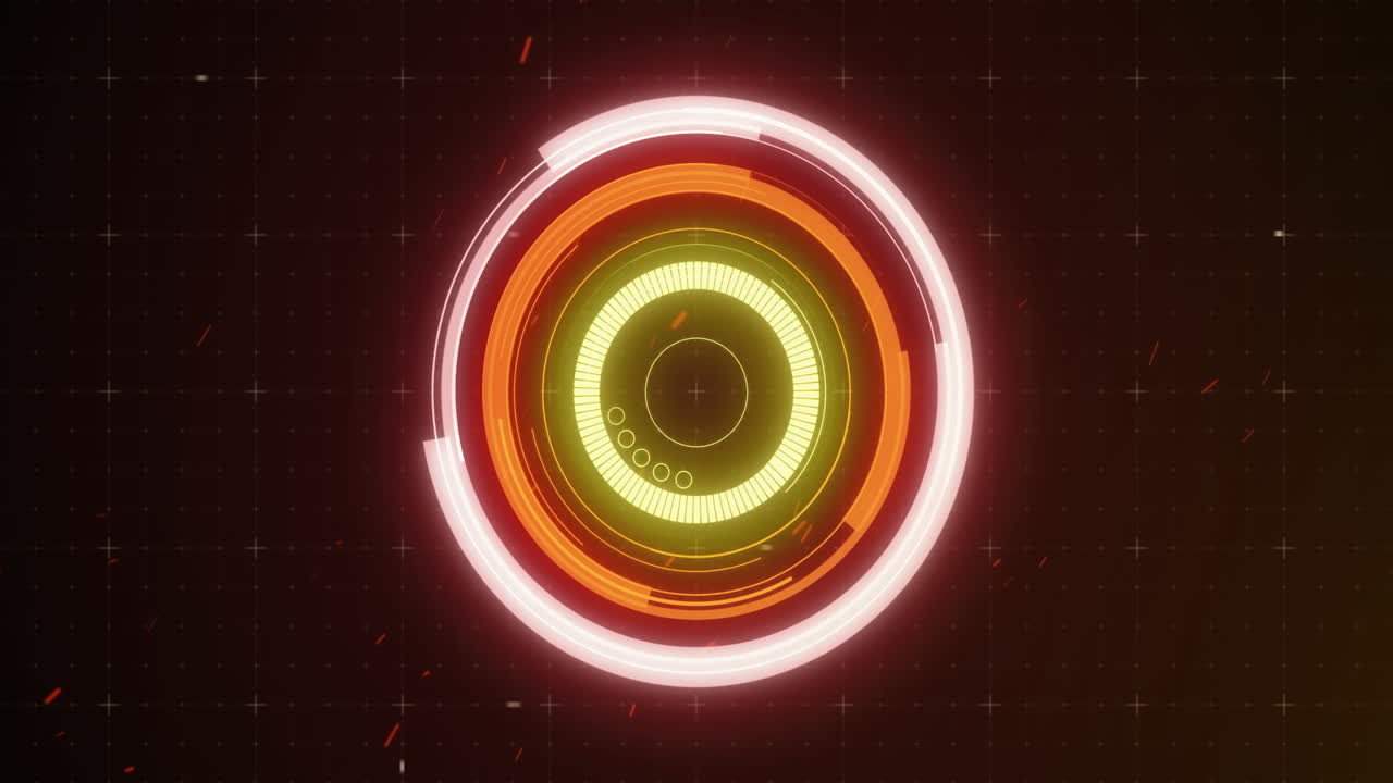 animación de escaneo de alcance naranja y verde brillante y giro con fallo en el fondo de la cuadrícula